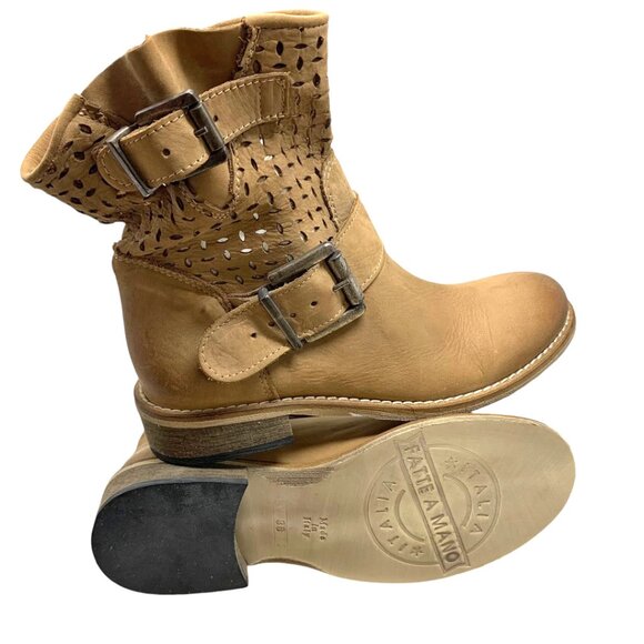 Piranha Beige Nubuck Perforated Moto Handmade in Italy Boots - Picture 8 of 12